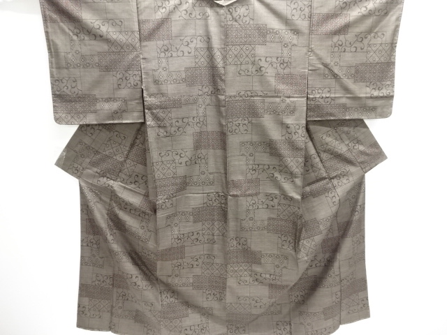 JAPANESE KIMONO / UNUSED DORO OSHIMA TSUMUGI (7 maruki) / WOVEN GEOMETRIC PATTERN & FLOWER SARASA